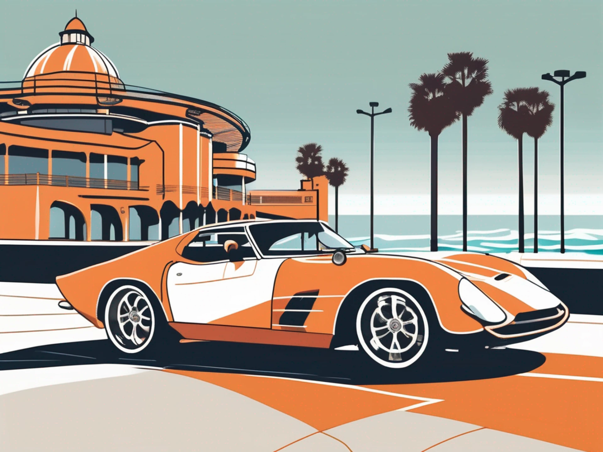an exotic car, such as a luxury sports car, parked in front of an Orange County landmark, like the Huntington Beach Pier, with a checklist floating above the car, hand-drawn abstract illustration for a company blog, white background, professional, minimalist, clean lines, faded colors