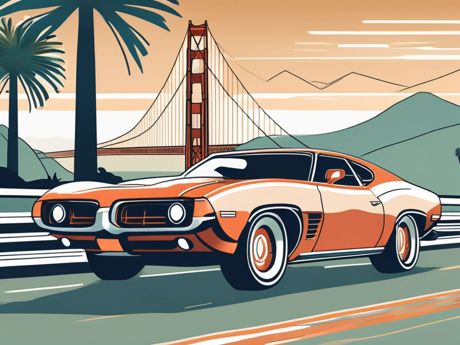 a luxury car cruising along a picturesque California coastal highway with palm trees, the ocean, and the golden gate bridge in the background, hand-drawn abstract illustration for a company blog, white background, professional, minimalist, clean lines, faded colors