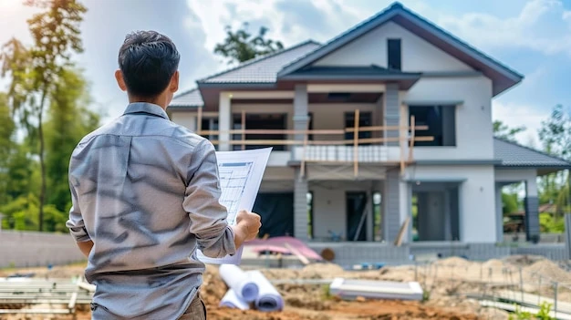 Building Manager Examining Home Plans in Front Generative AI