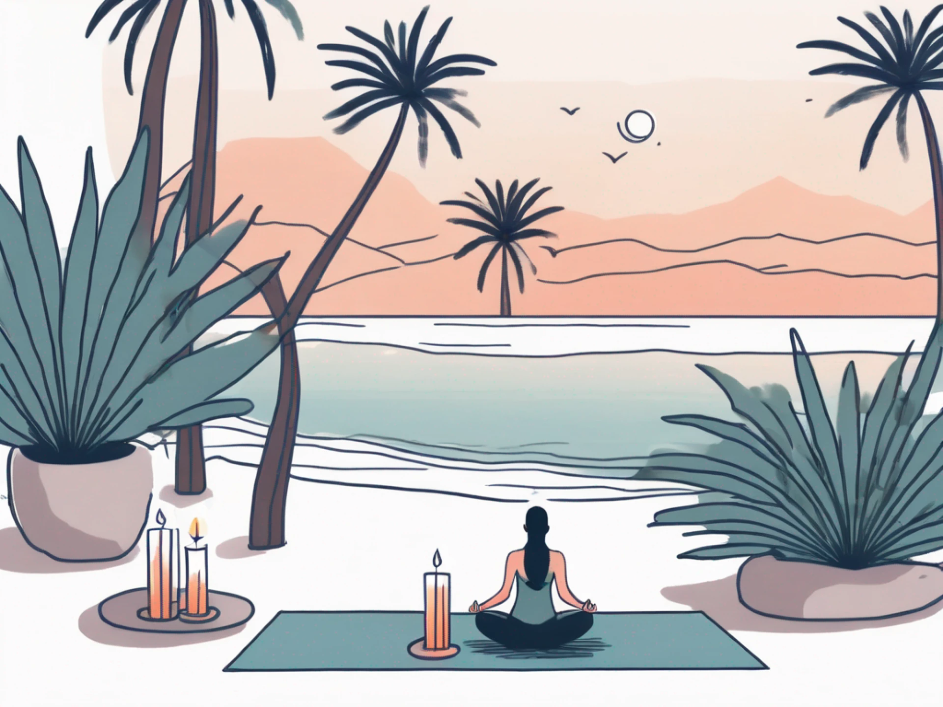 a serene retreat setting in Mallorca, featuring a tranquil beach, lush palm trees, and a yoga mat with a lit candle nearby, symbolizing empowerment and inner peace, hand-drawn abstract illustration for a company blog, white background, professional, minimalist, clean lines, faded colors
