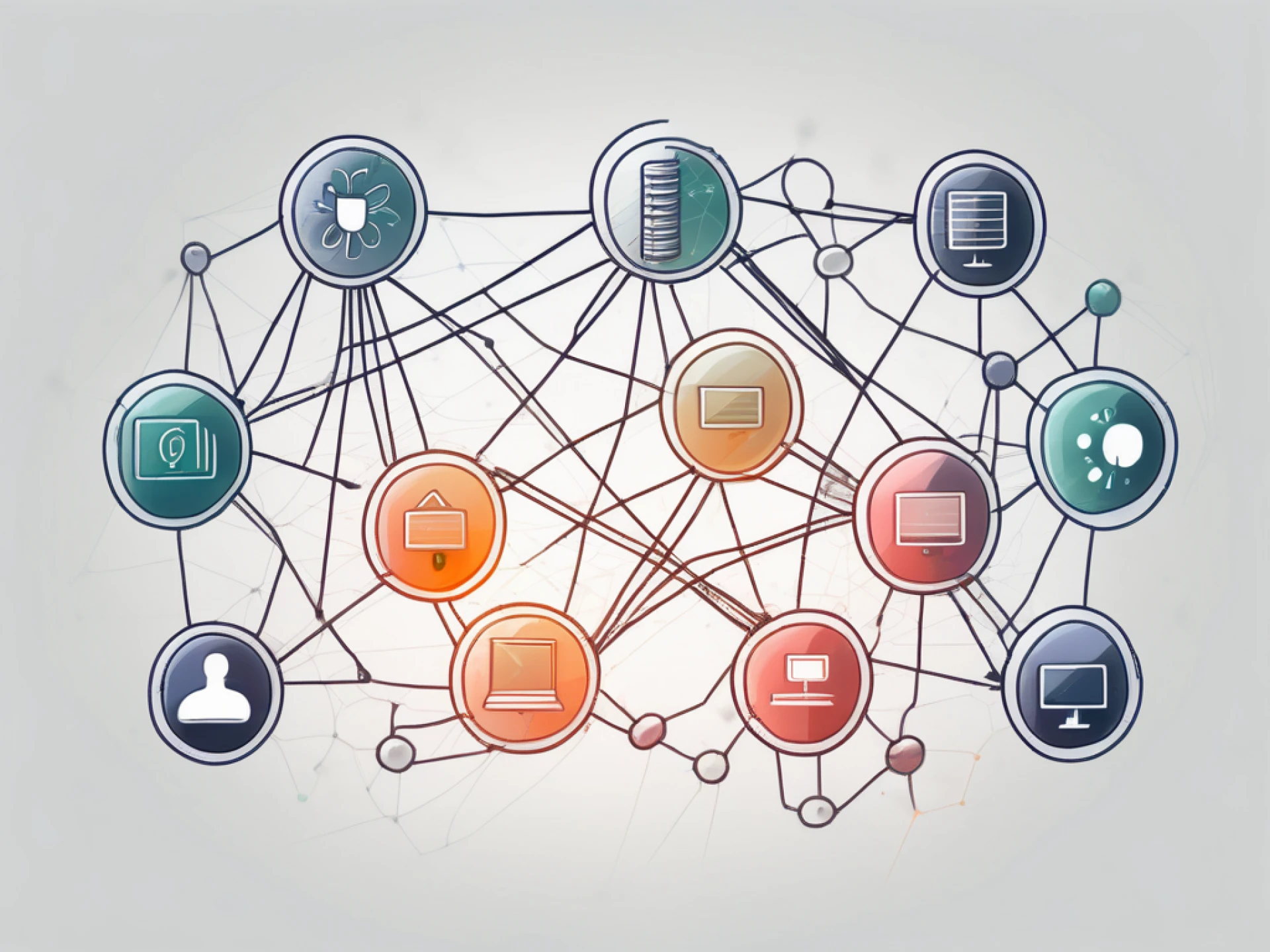 a Shiny app symbol connected to various database icons through a network of lines, to represent dynamic data handling, hand-drawn abstract illustration for a company blog, white background, professional, minimalist, clean lines, faded colors