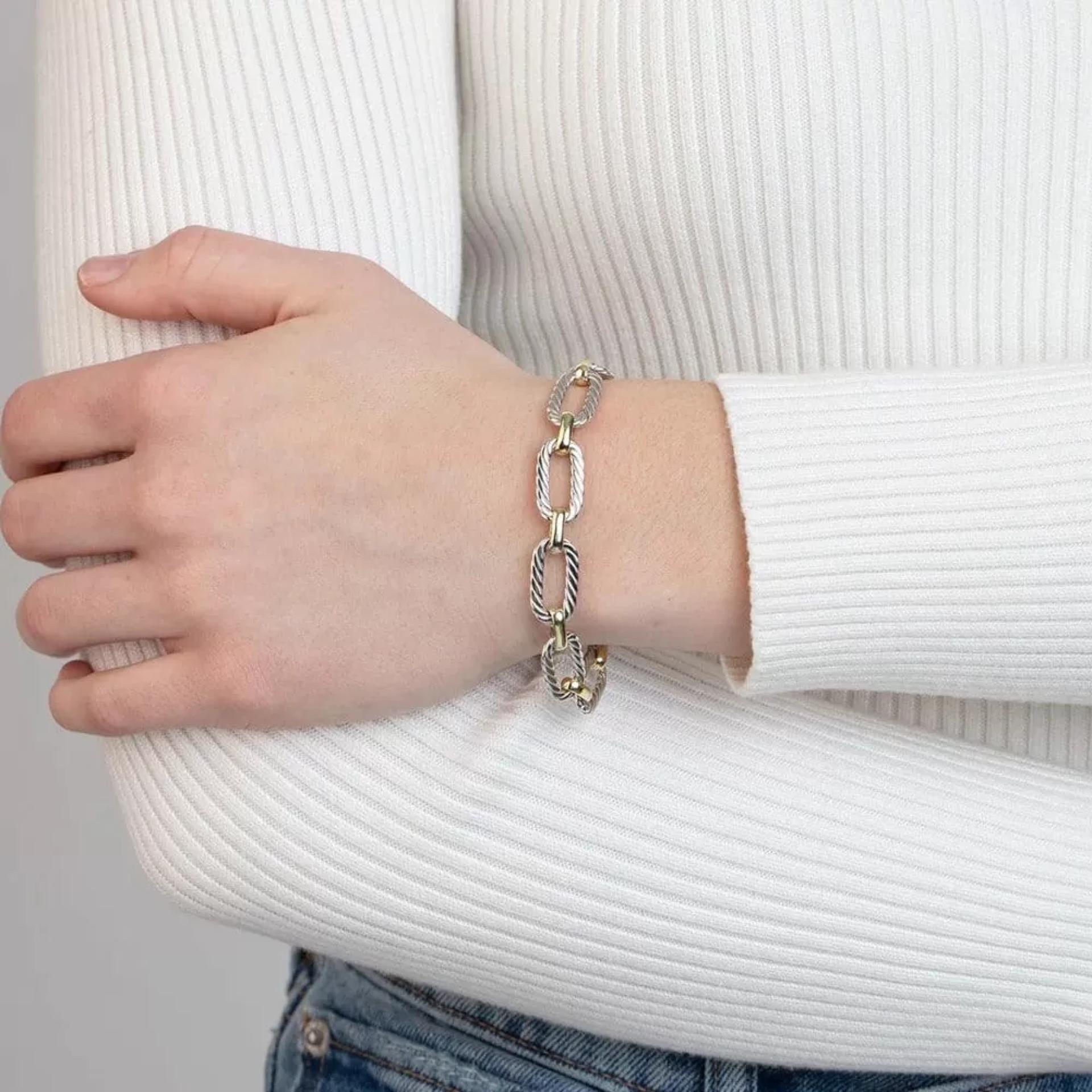 Sterling Silver 18K Gold Flat Oval Cable Link Bracelet On Man Hand (18.80 gr. tw)