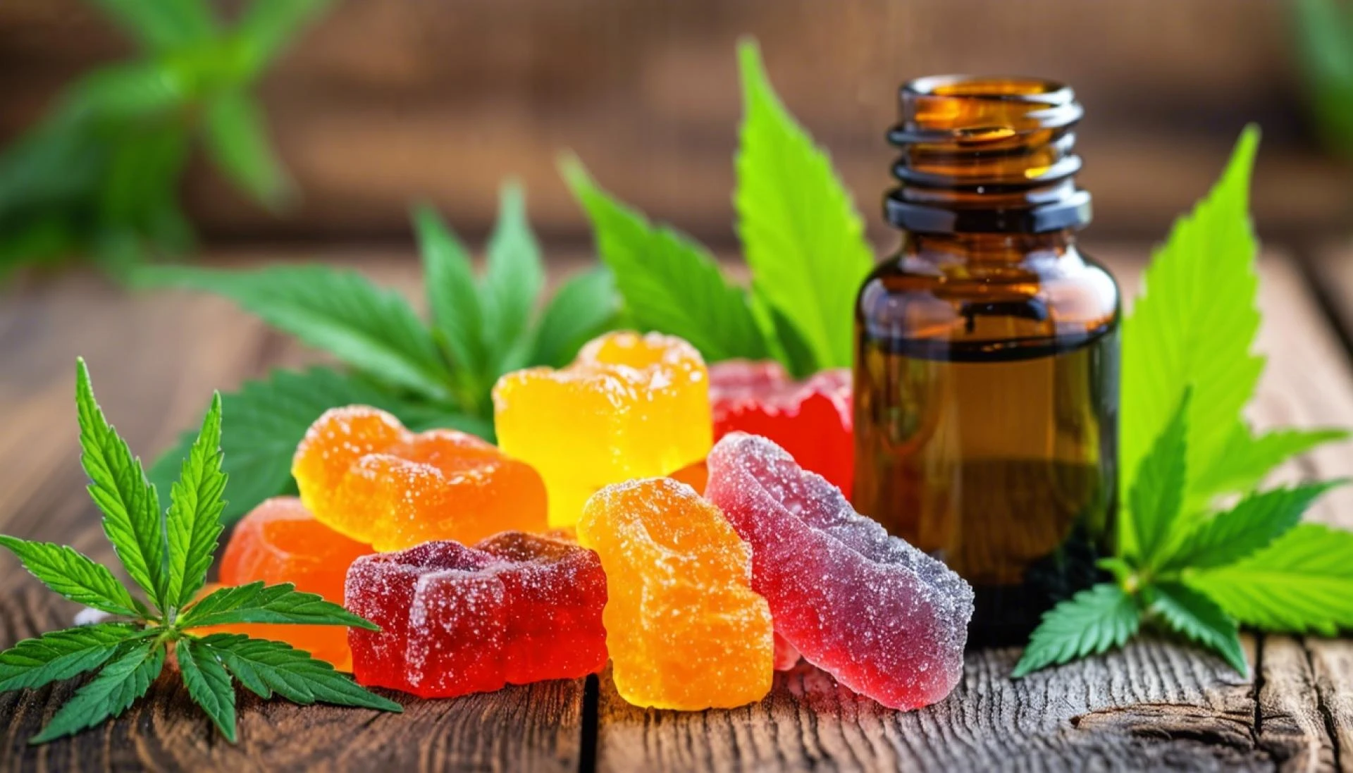 Assorted hemp gummies, hemp oil, and fresh hemp leaves.