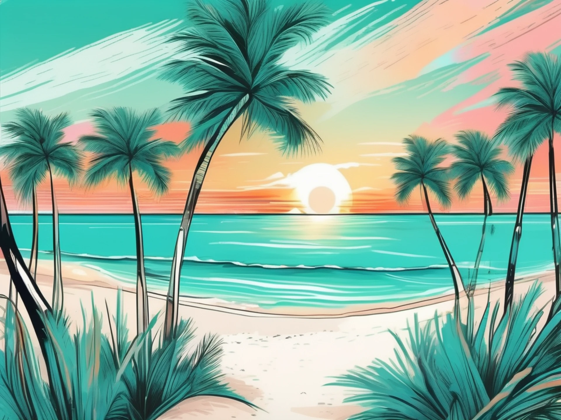 a panoramic view of a stunning beach in the Cayman Islands, featuring crystal clear turquoise waters, white sandy beaches, lush palm trees, and a vibrant sunset in the background, hand-drawn abstract illustration for a company blog, white background, professional, minimalist, clean lines, faded colors