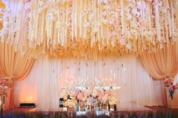 Groom and bride\'s wedding table decorated with flowers and candles