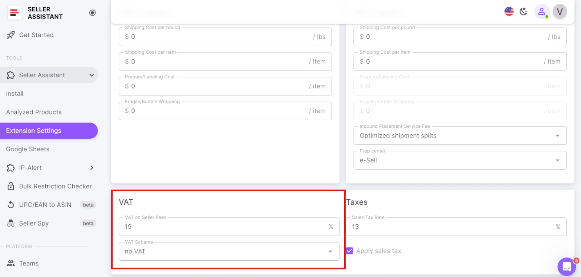 You can configure the VAT by selecting your target marketplace in Seller Assistant’s personal account