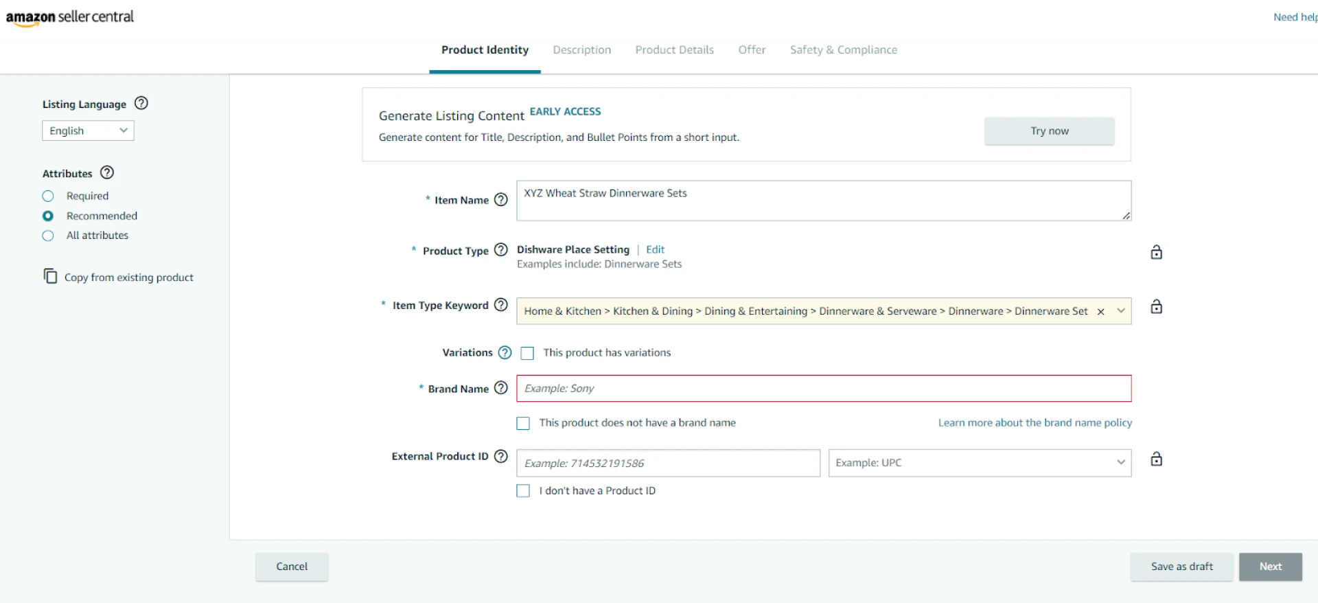 Add a brand and product ID, and click ‘Next.’