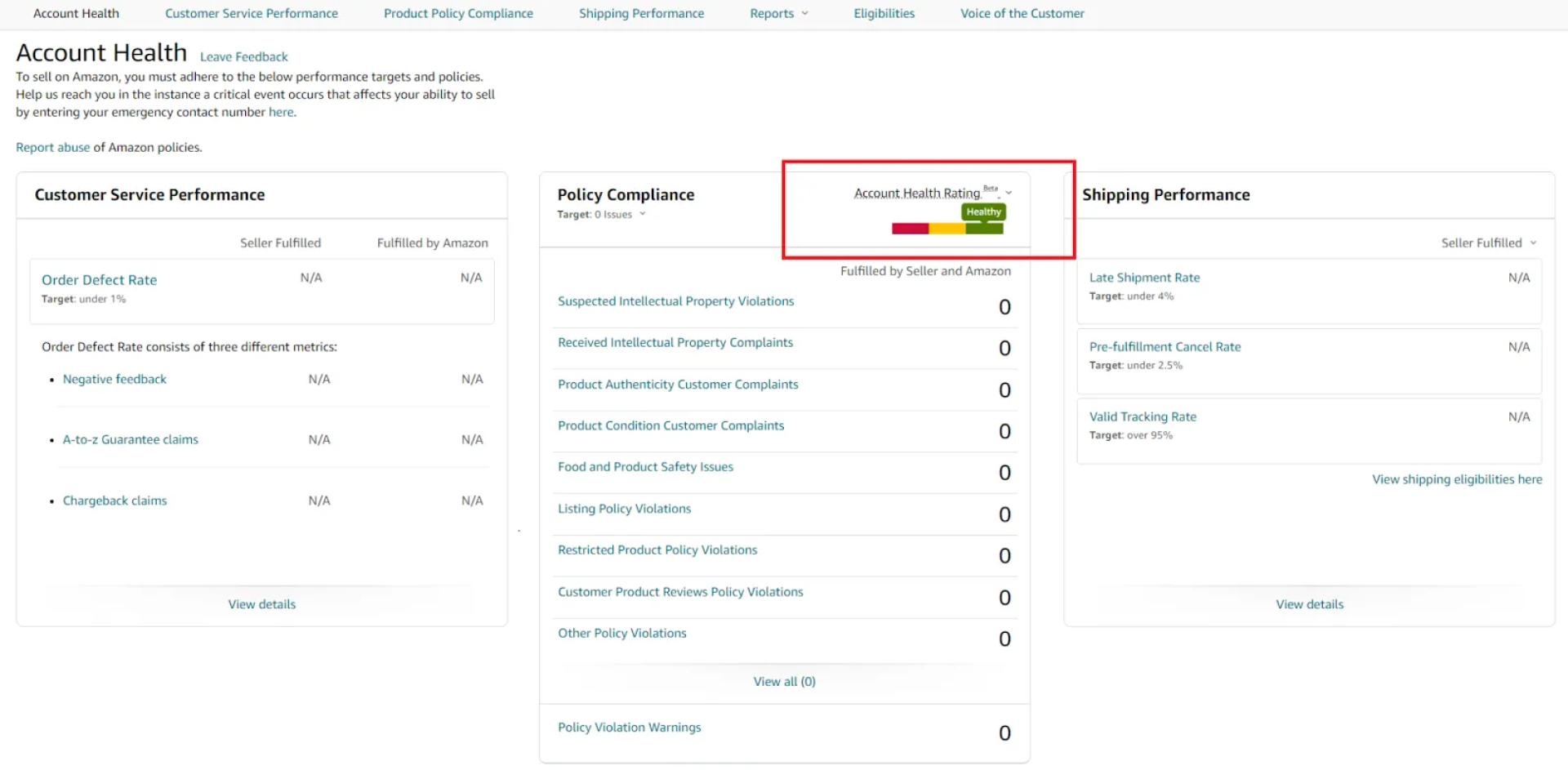 AHR in the Amazon account health dashboard