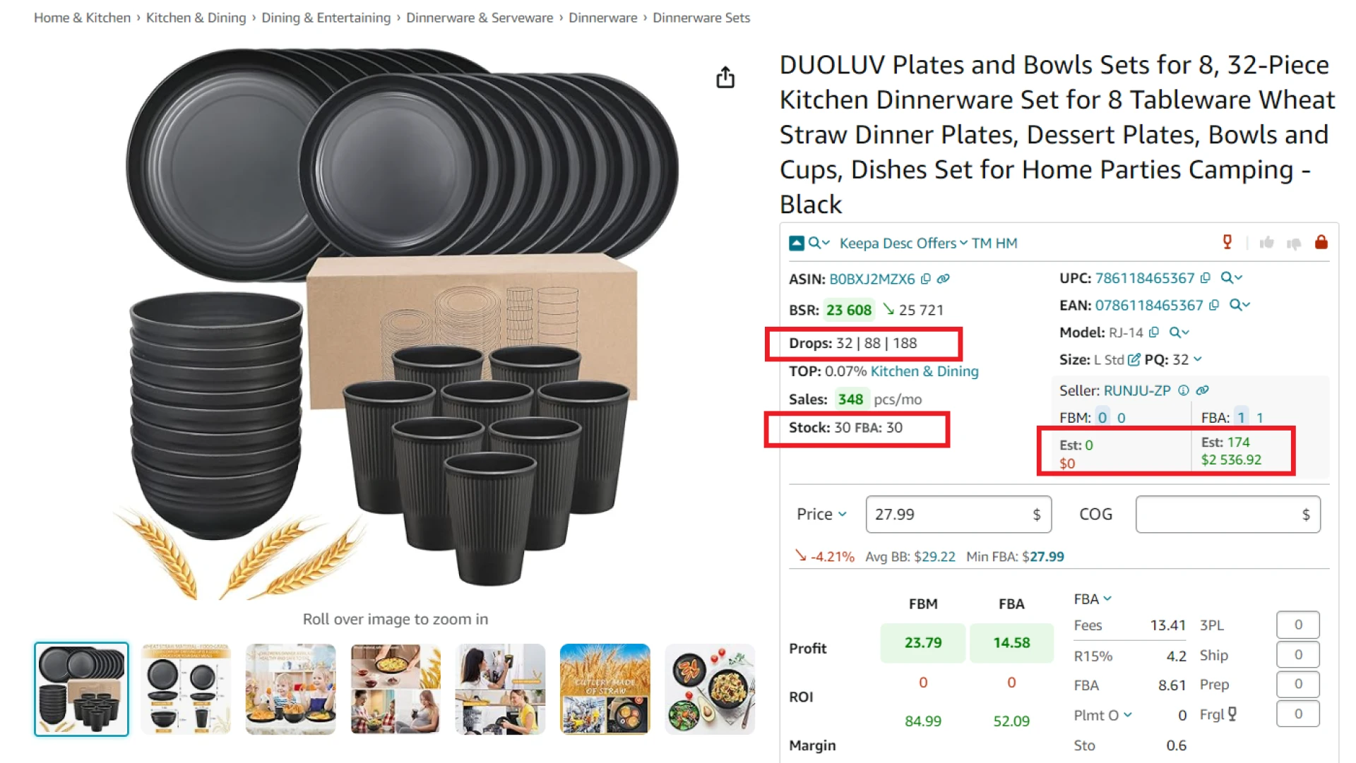 Seller Assistant shows you the estimated product sales if you become one more seller on the listing in the ‘Est’ line, and how many products were actually sold in the past 30, 90, and 180 days in the Drops line