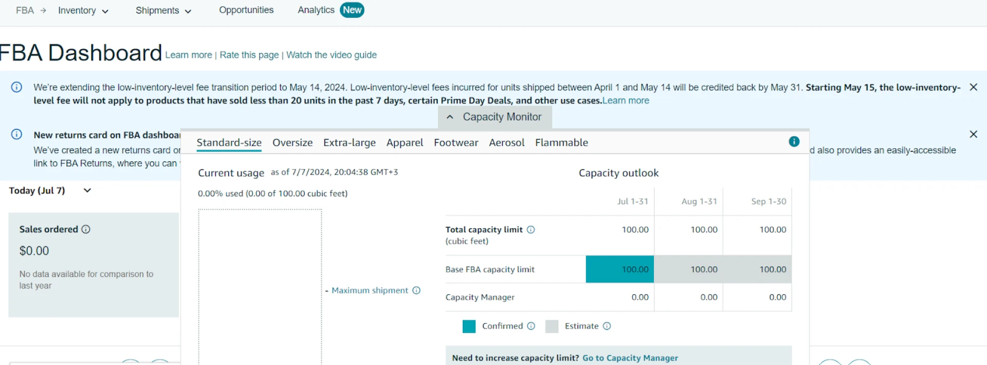 You can view your capacity limits and usage in the Capacity Monitor at the bottom of the FBA dashboard