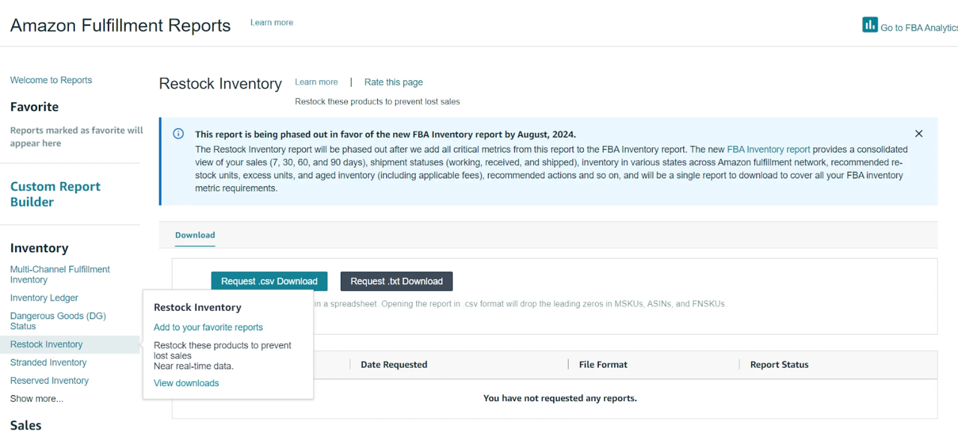 The FBA Inventory report offers recommendations on which products to restock, along with suggested quantities and shipping dates