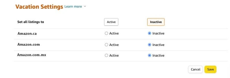 When on vavation, set all marketplaces to “Inactive.”