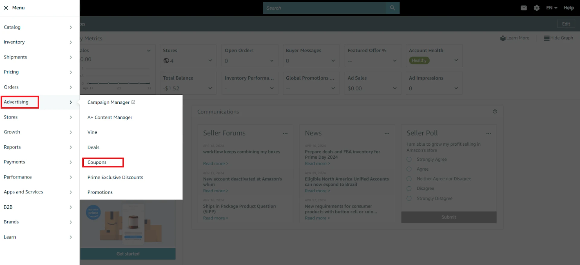 Submit Coupons via Seller Central under Advertising > Coupon.