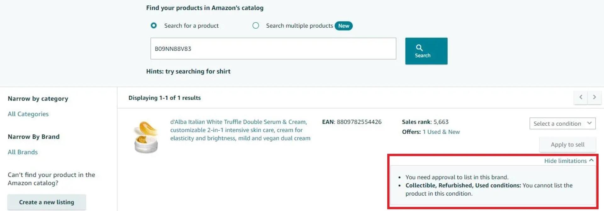 Checking restrictions for existing products in Amazon Seller Central