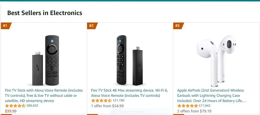 Examples of Electronics bestsellers