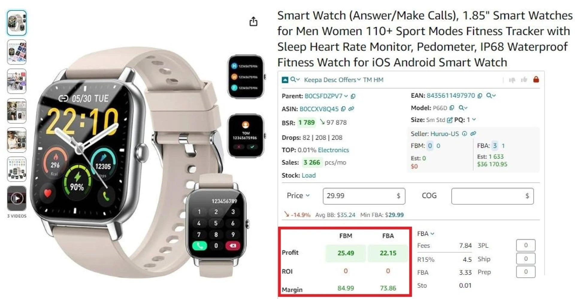 Seller Assistant’s FBA&FBM calculator shows profit, ROI, and margin