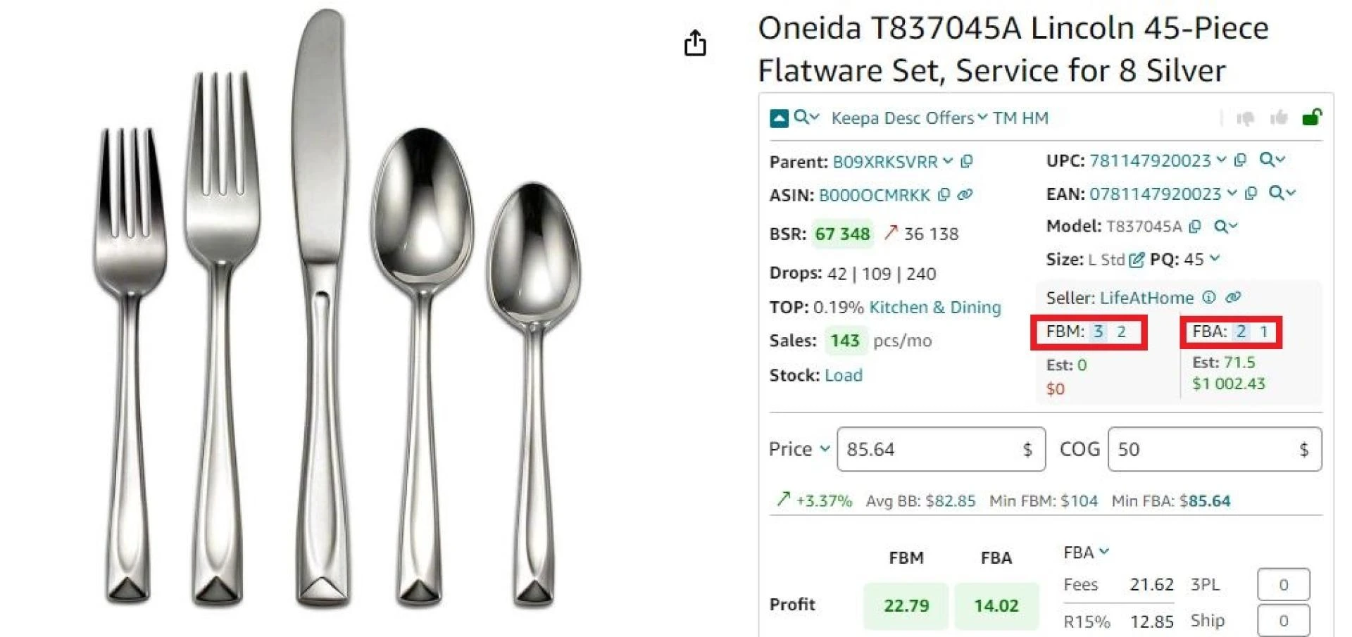 Seller Assistant shows the number of FBA and FBM offers