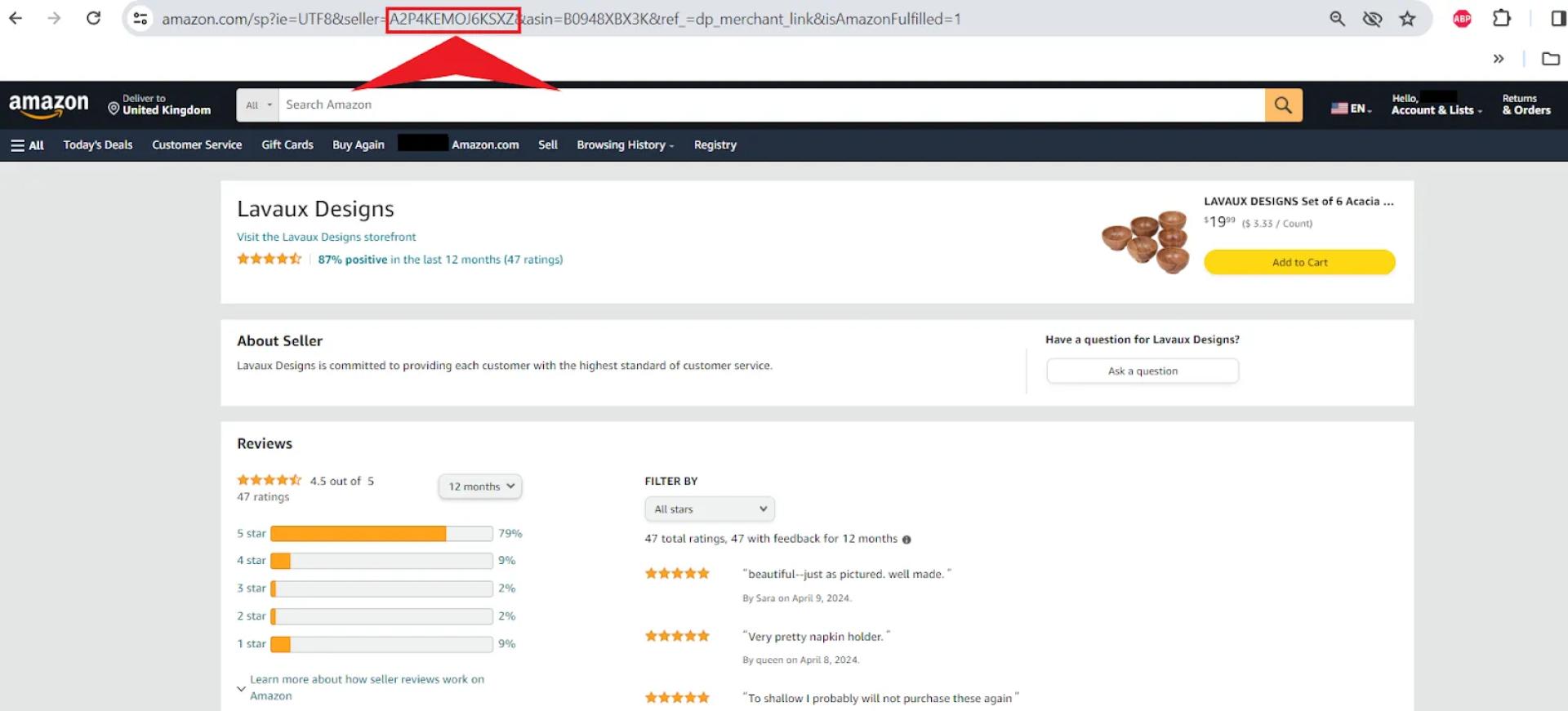 Look for the seller ID in the URL of the profile page. It is found after "seller=" or a similar identifier
