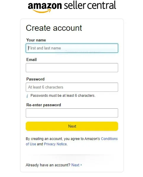 To start creating a new account, enter your first and last name, email, and a password of at least 6 characters. Then, re-enter the password in the line below.