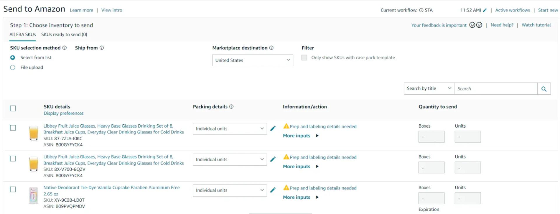 Select the products you want to send to Amazon and specify the quantity for each item.