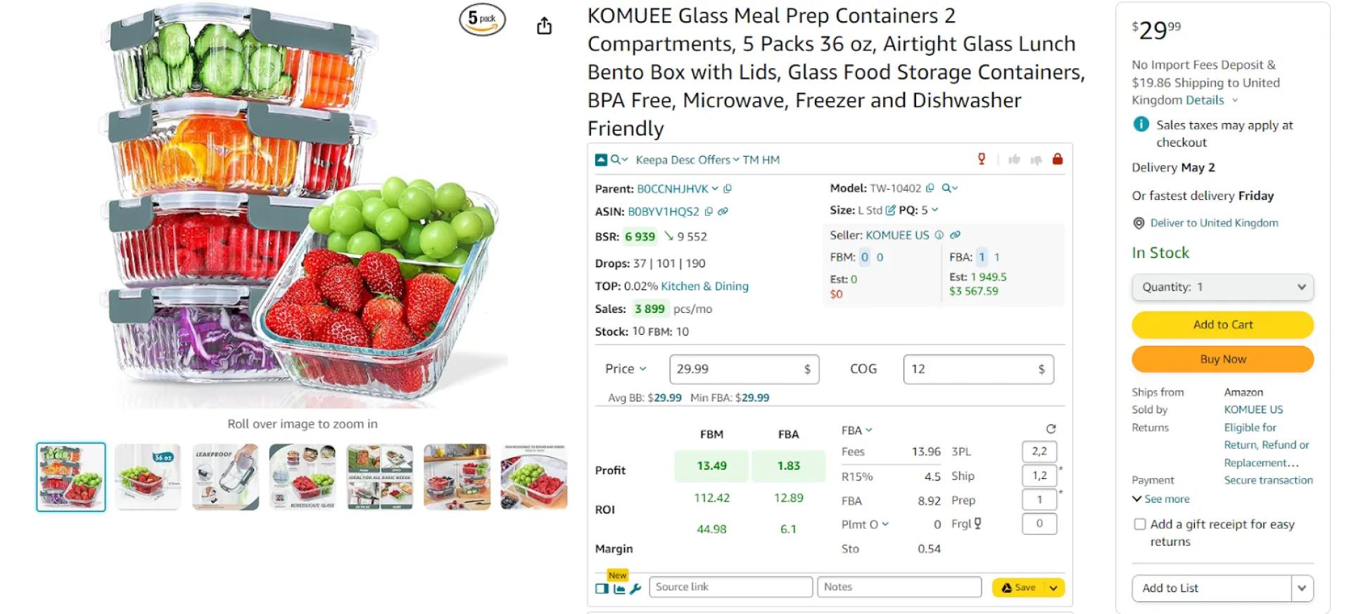Estimate the product’s profitability. The calculator automatically shows your profit, ROI, and margin. Hover your mouse over the ROI figure, and the calculator shows you the selling price with 0, 10, and 20% profit and ROI. Choose the minimum and maximum prices with the profit levels you want.