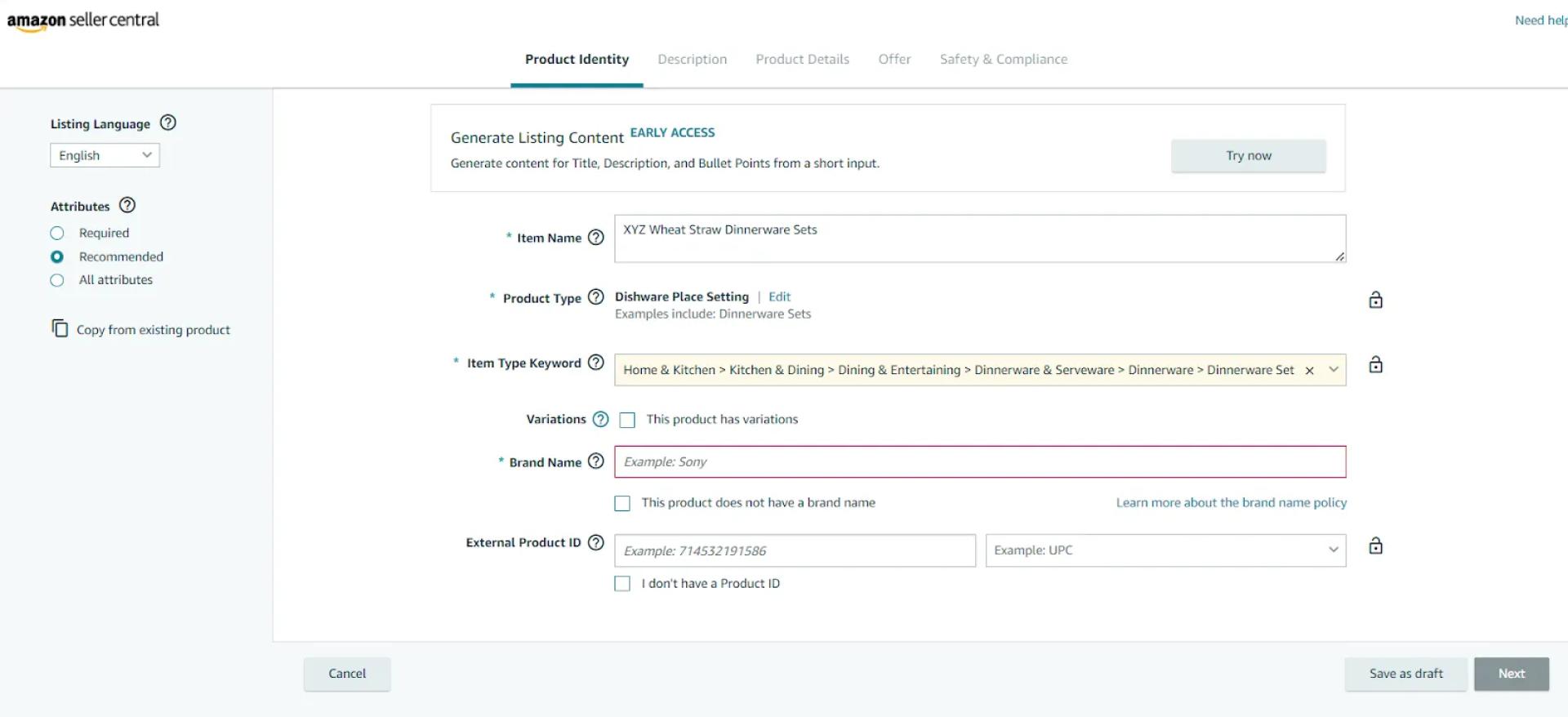 Add a brand and product ID, and click ‘Next.’
