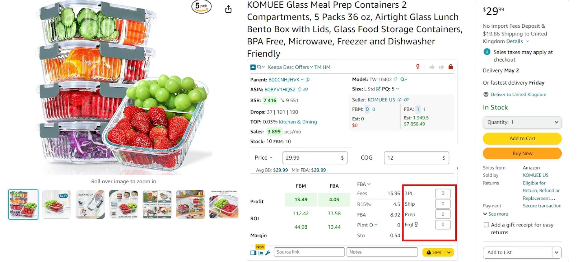 For FBM, add 3PL (Ship + Prep + Frgl) and shipping costs, for FBA add prep center fees (if you use that service), and shipping to Amazon costs.