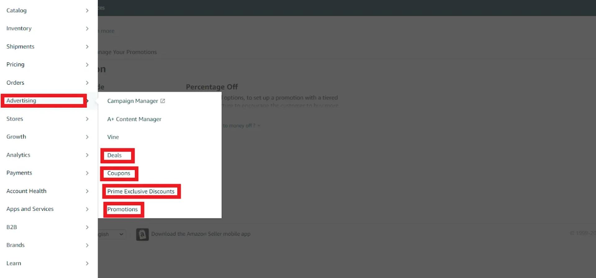Click ‘Advertising’ in the top navigation menu and select ‘Deals, Promotions, or Coupons’