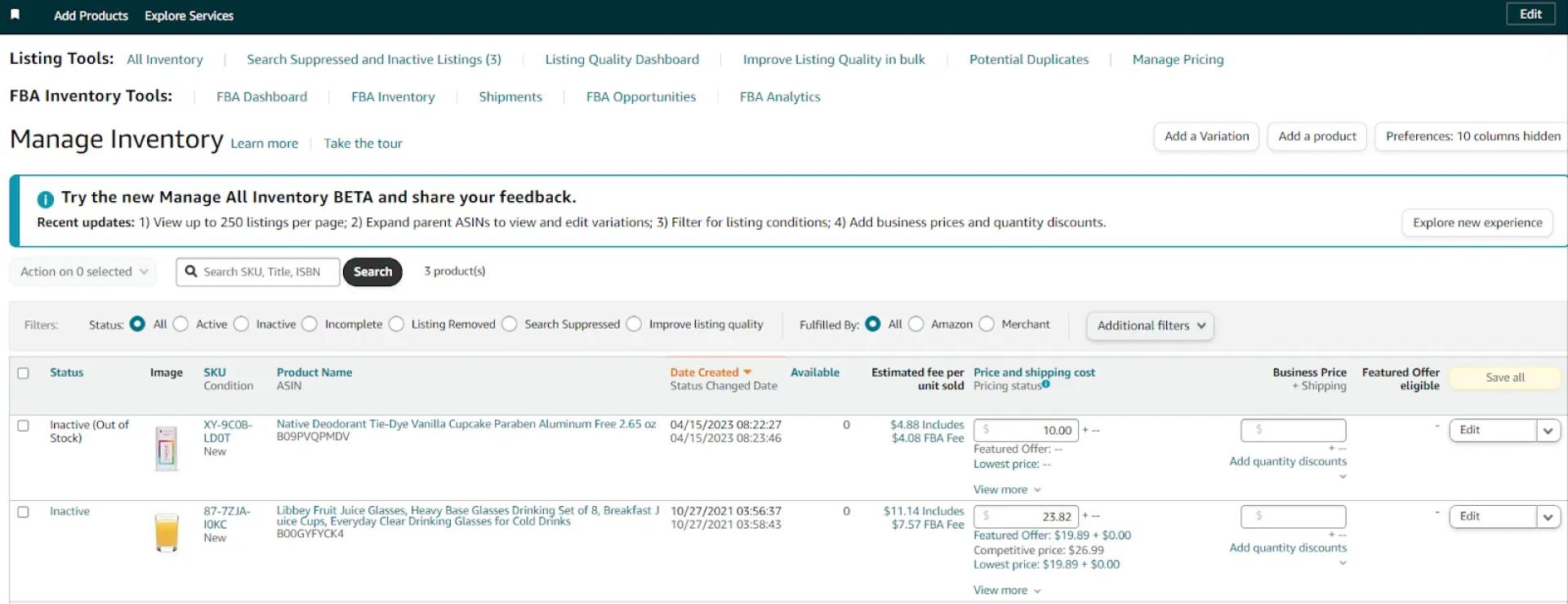 On the Manage Inventory page, get access to essential product data
