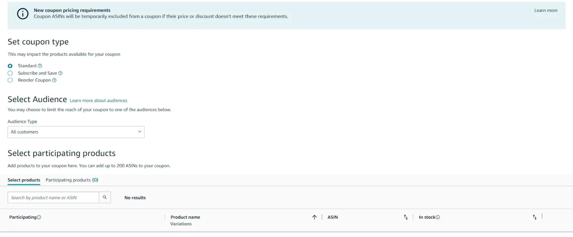 To create a coupon, in the ‘Coupons’ page, choose a product, title, and ASIN, fill in the details, and submit.
