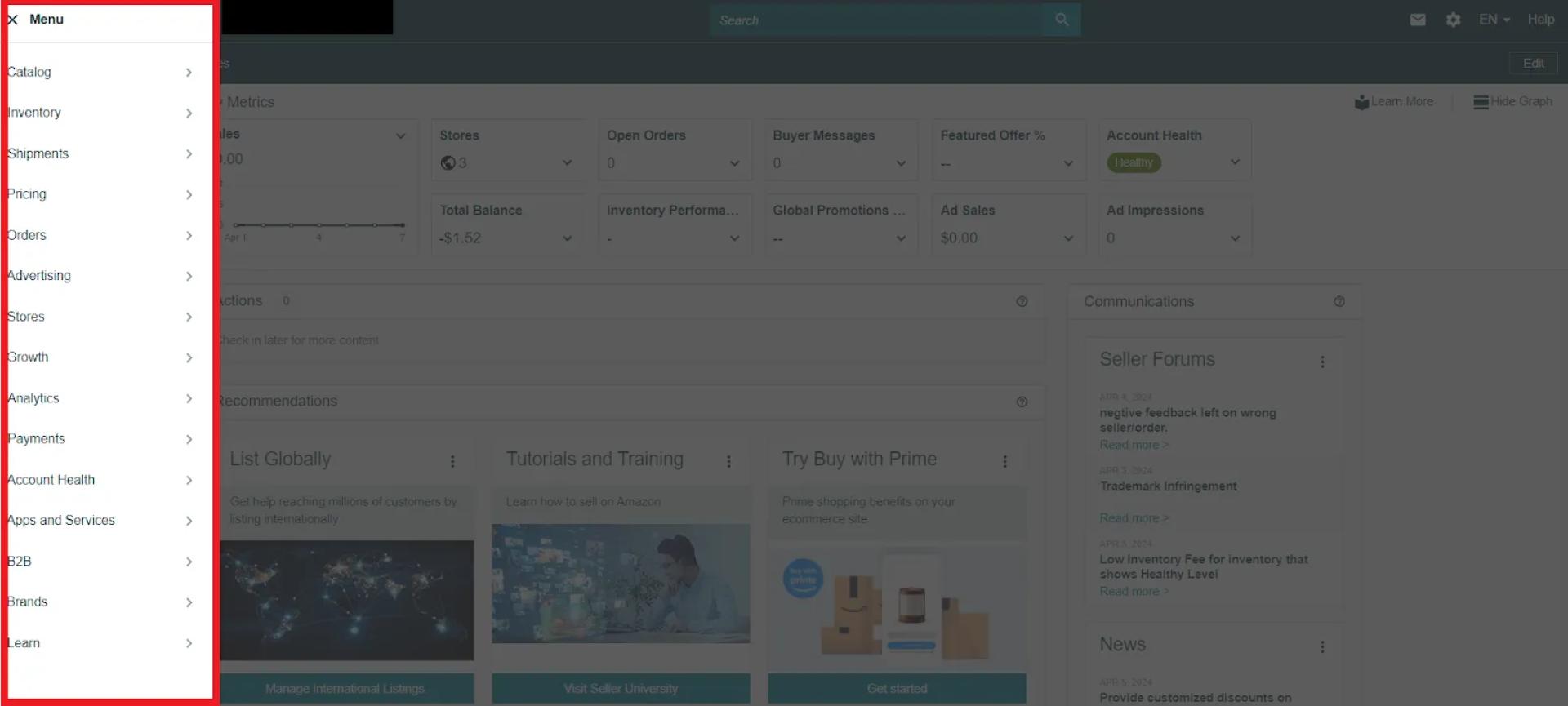 In this menu, you will see all the main things you can do in your Seller Central
