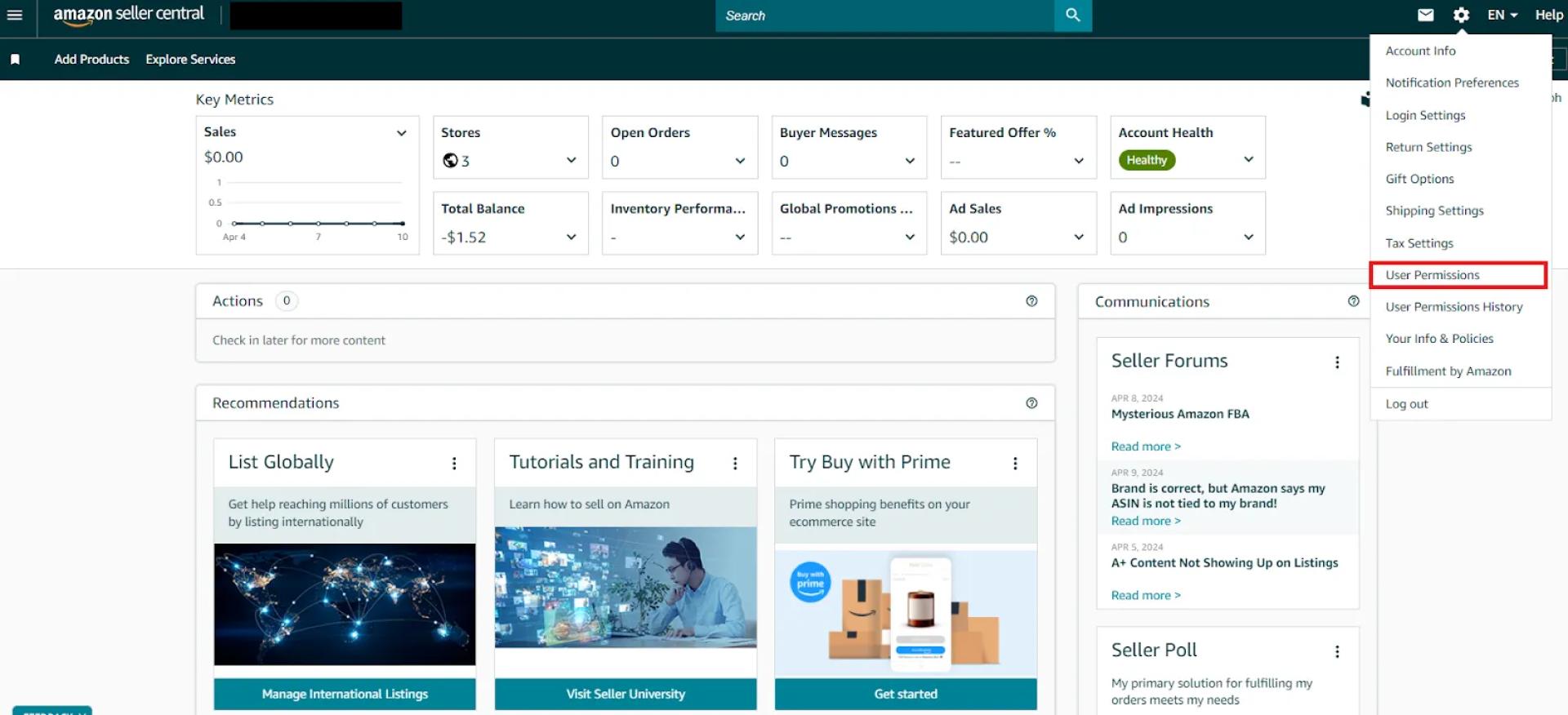Click the ‘Settings’ tab in the screen\'s top right corner. From the drop-down menu, select ‘User Permissions’