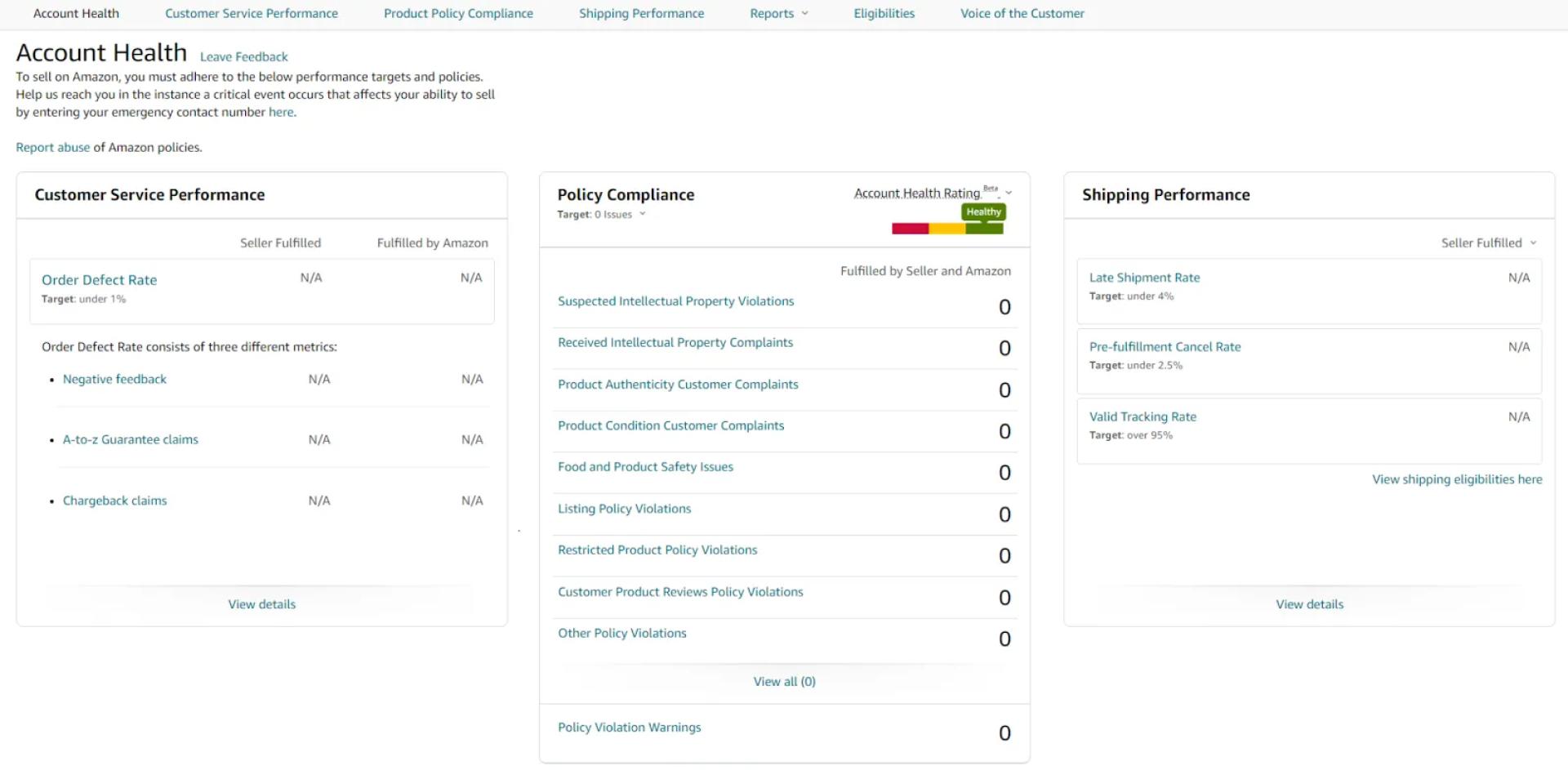 Amazon account health dashboard