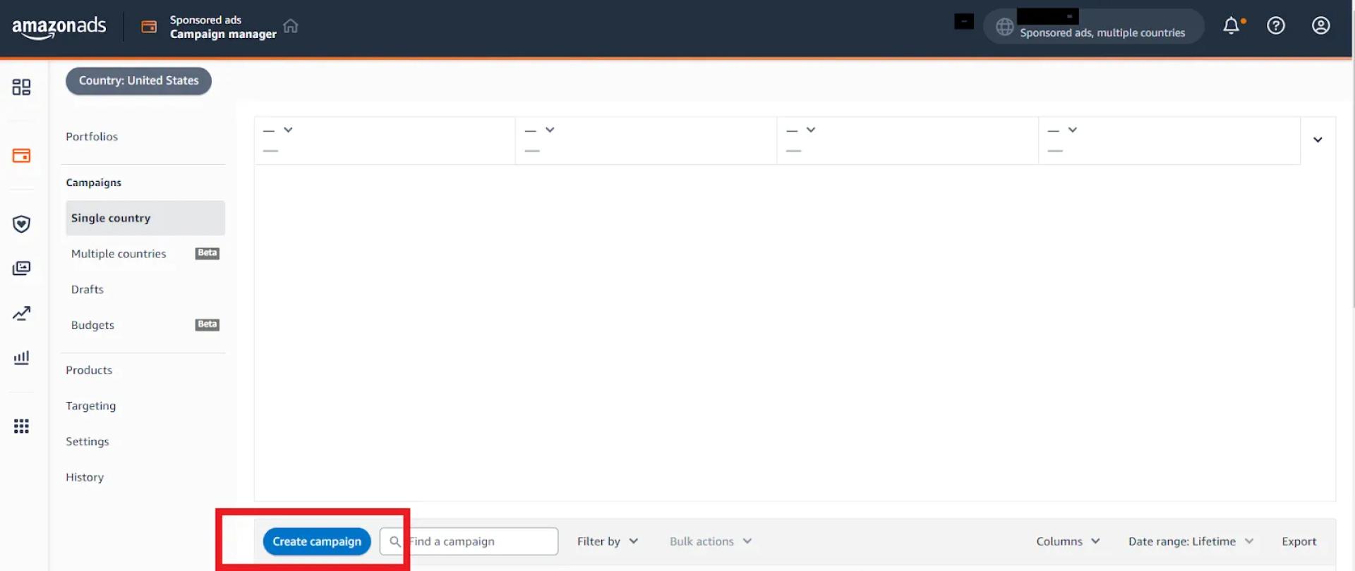 Choose Single or Multiple countries where you want to create the campaign, and click ‘Create Campaign\'