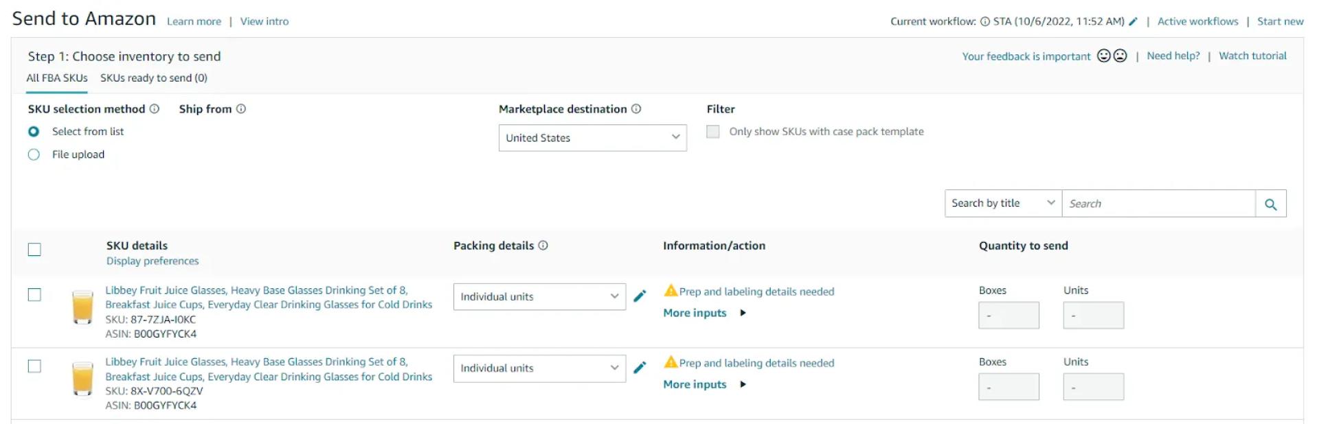 In the Send to Amazon page, create a shipping plan.