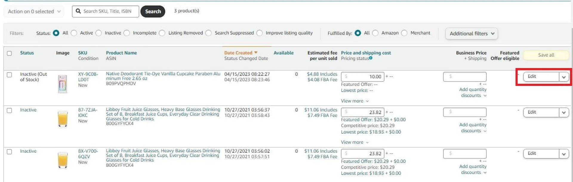 To enroll existing products to FBA, in the Inventory > Manage All Inventory, click Edit and Change to Fulfilled by Amazon.