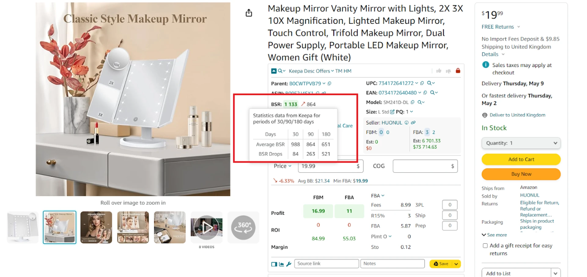 Seller Assistant shows the BSR over the last 30, 90, and 180 days.