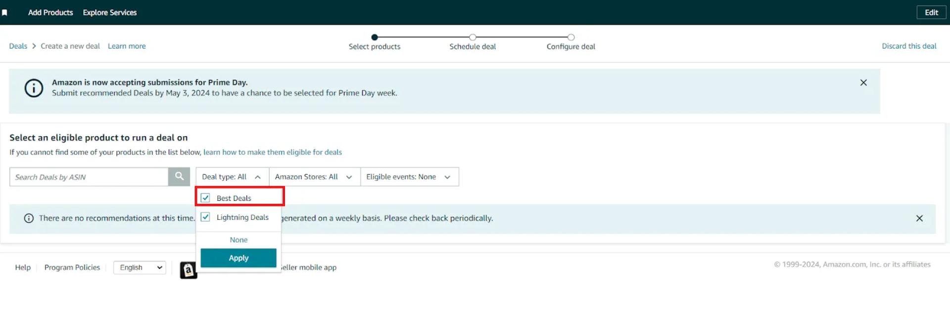 Click "Create a new deal," then select a deal type – “Best Deal,” click “Apply,”