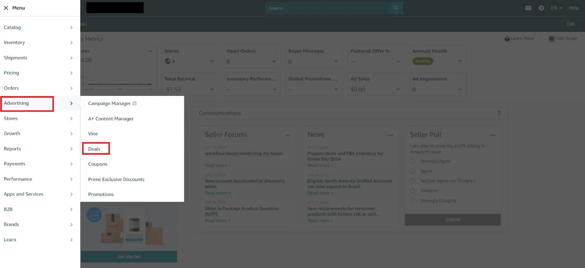Access Seller Central, and navigate to Advertising > Deals.