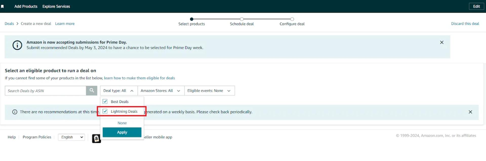 Click "Create a new deal," then select a deal type – “Lightning Deal” 