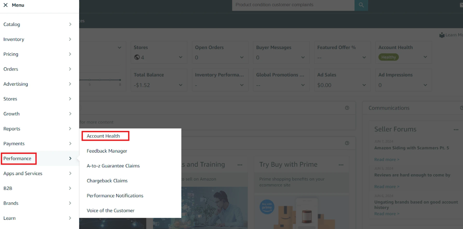 In the Seller Central menu, select Performance, click Account Health.