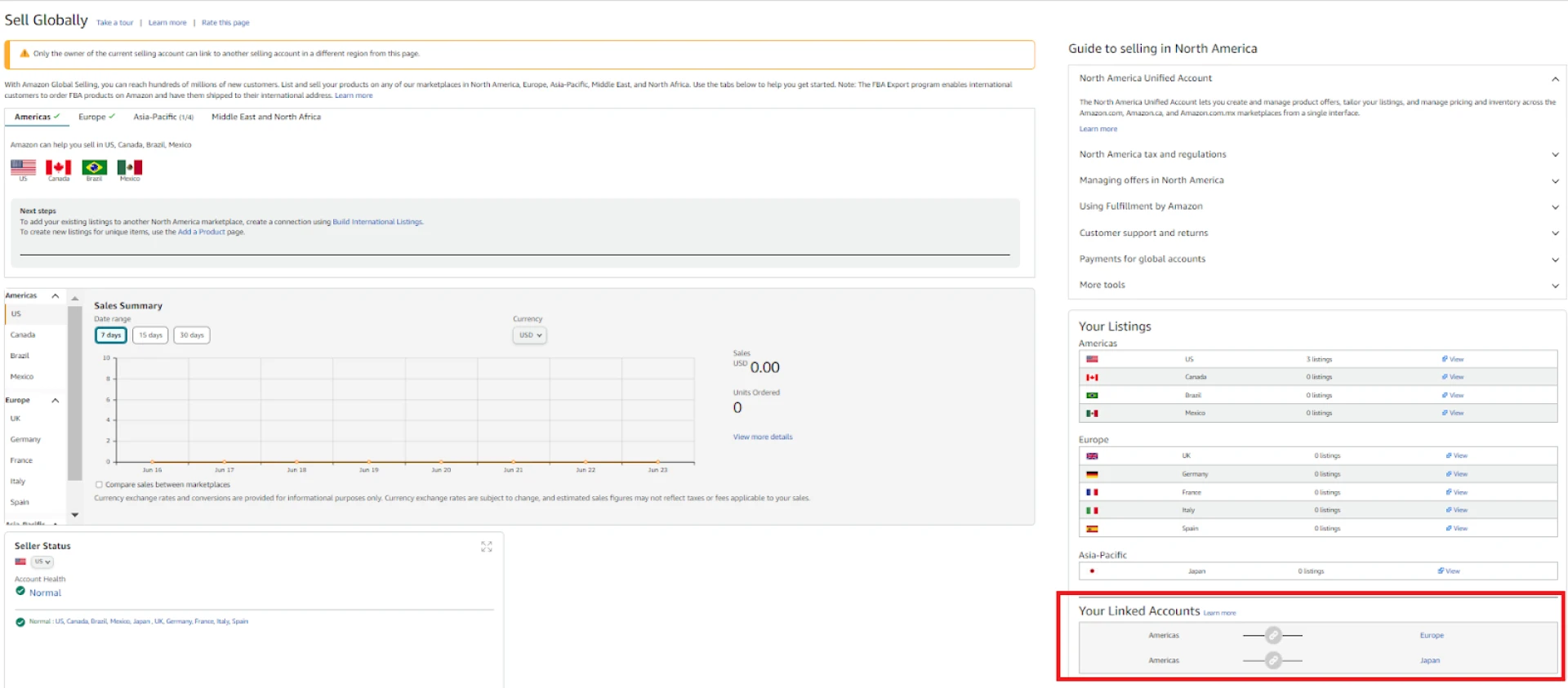Check for existing merged accounts in the store switcher in the Sell Globally dashboard