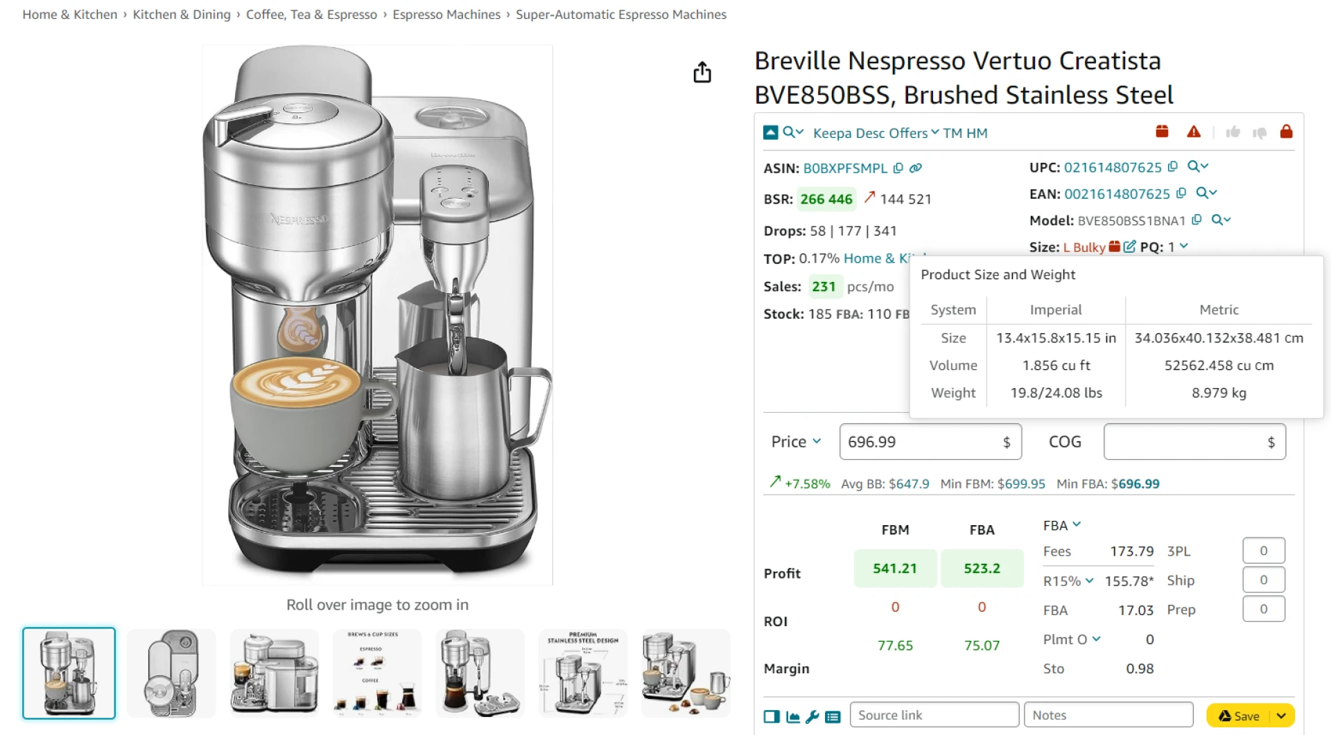 Seller Assistant shows product dimensions