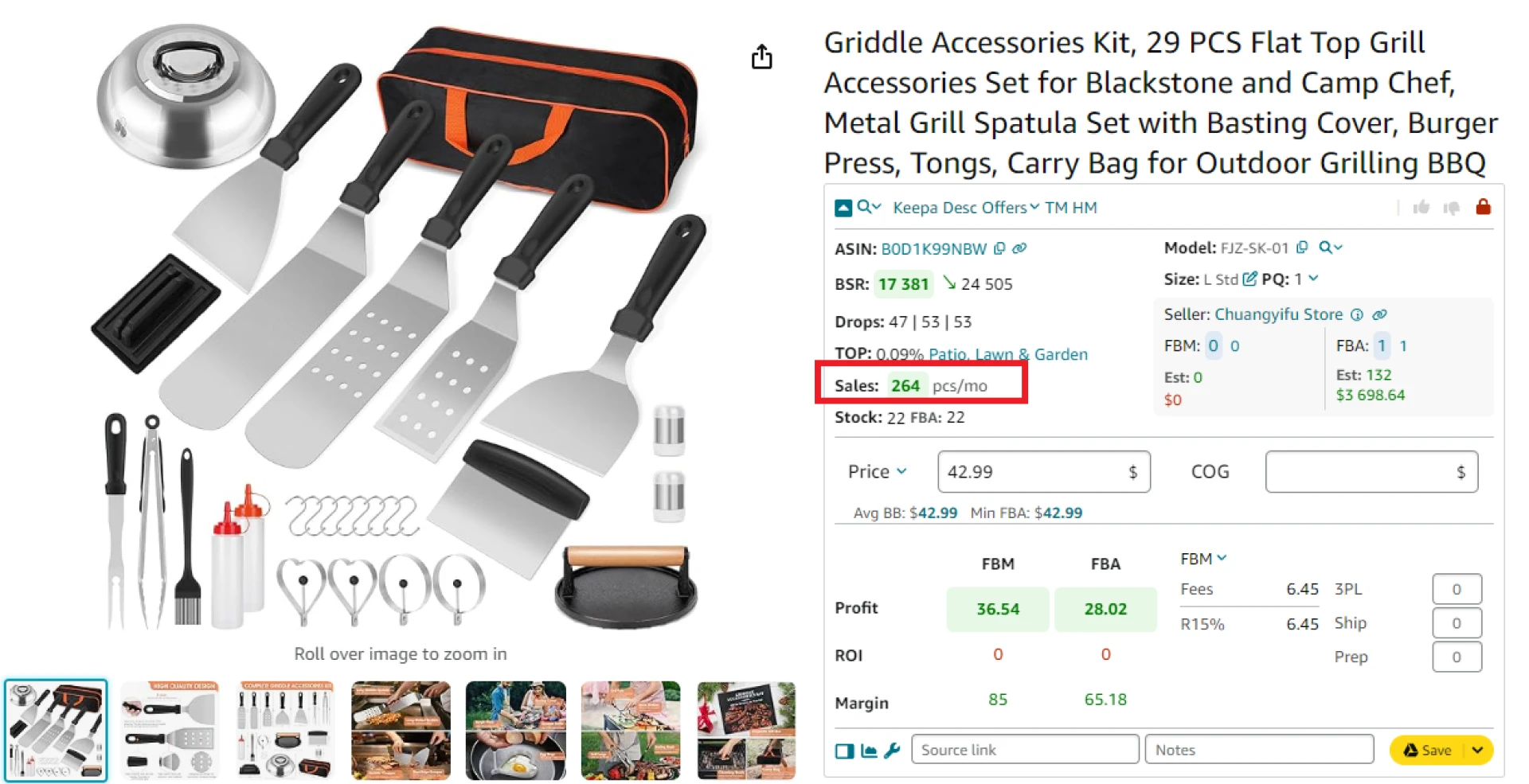 Seller Assistant shows estimated product sales based on BSR in the Sales field