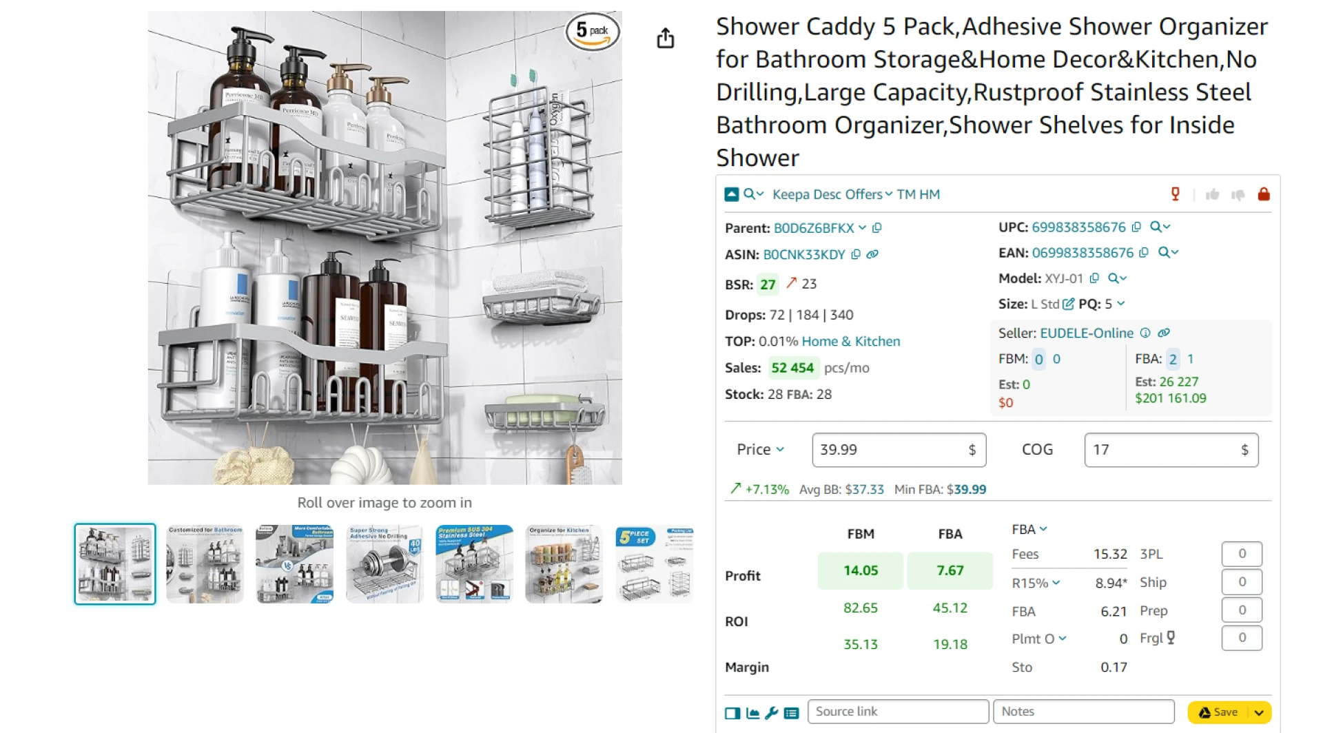 FBM and FBA Calculator shows total Amazon fees, including referral fees (R15%), FBA fees, Inbound Placement Service Fees (Plmt), and monthly storage fees (Sto)