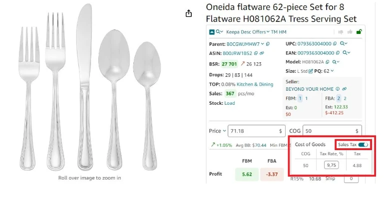To calculate sales tax, enter COG, click it, and switch the “Tax” toggle in the pop-up. Seller Assistant will calculate your tax