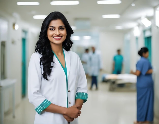 A smiling Indian lady nurse standing in hospital