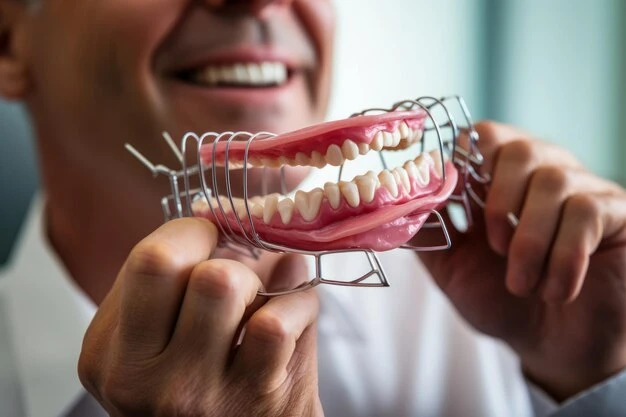 Captivating CloseUp Doctor Orthodontist Exhibiting Human Jaw Model with Wired Braces Attached in S
