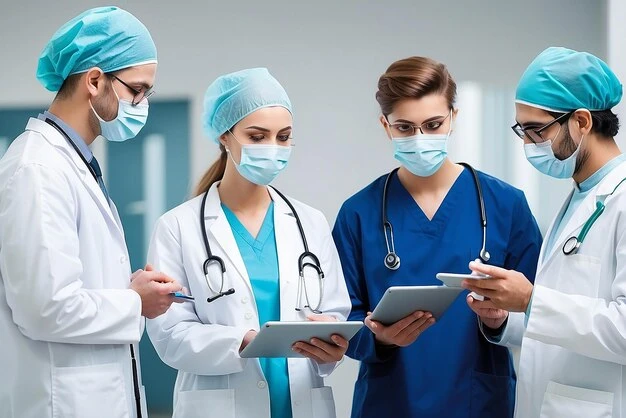 Teamwork discussion or medical students walking or planning a surgery strategy in collaboration Internship doctors or young surgeons with tablet talking working or speaking of hospital healthcare