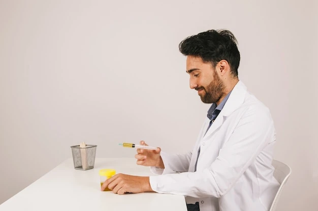 Smiley doctor working with an urine test an a syringe